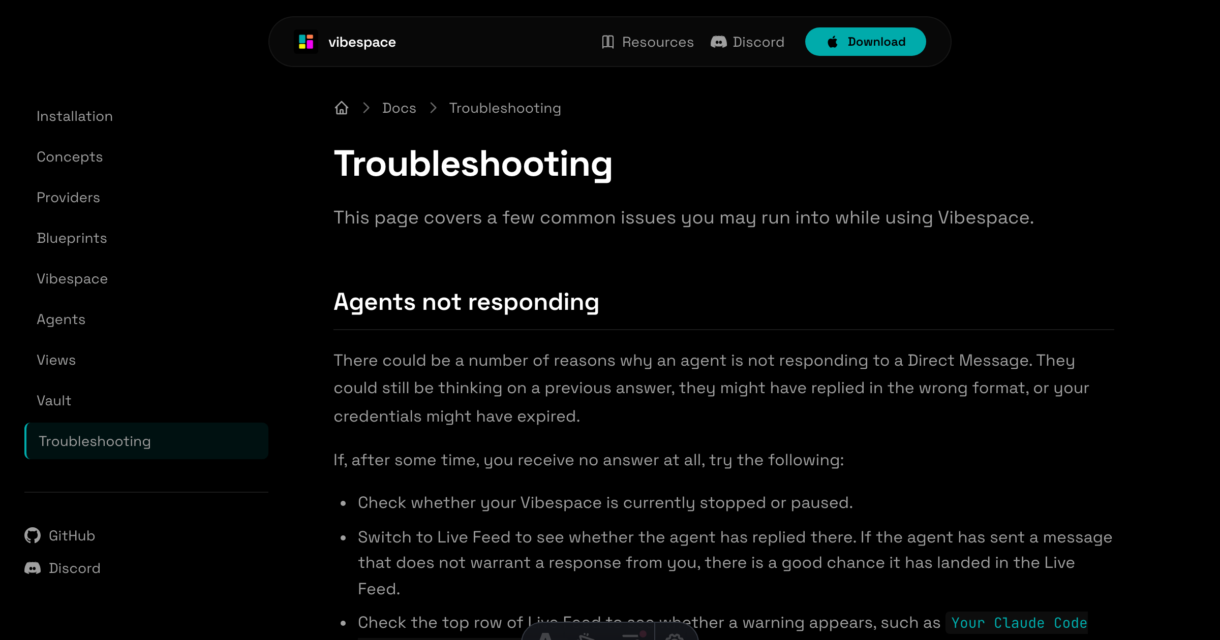 Troubleshooting - vibespace docs